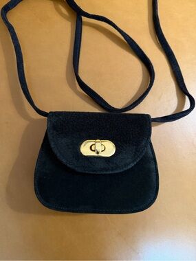 Jaeger Vintage Black Suede Mini Crossbody Bag | Gold Hardware | Saddle Flap